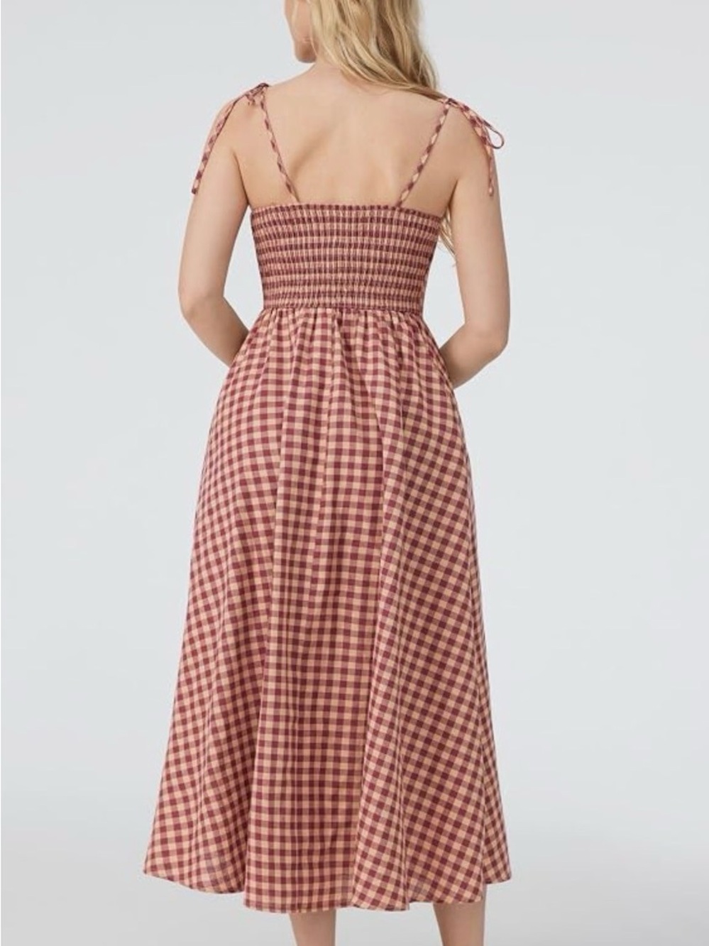 SOLD ❌ Cider Burgundy and Beige Gingham Tie-Shoulder Maxi Dress with Bow Front - Picture 4 of 9